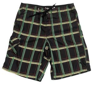 HURLEY Black and Green Plaid Board Shorts Swim Bottoms Size 32